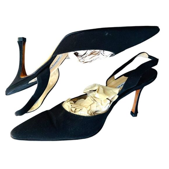 MANOLOL BLAHNIK Carolyne 70 Black Suede Slingback Pumps Heels Size 39.5 (US 9.5) - Picture 1 of 10